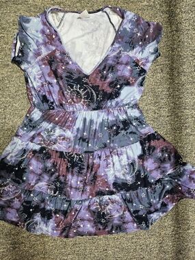 Galaxy Moon & Stars Tiered V-Neck Dress - Purple Multi